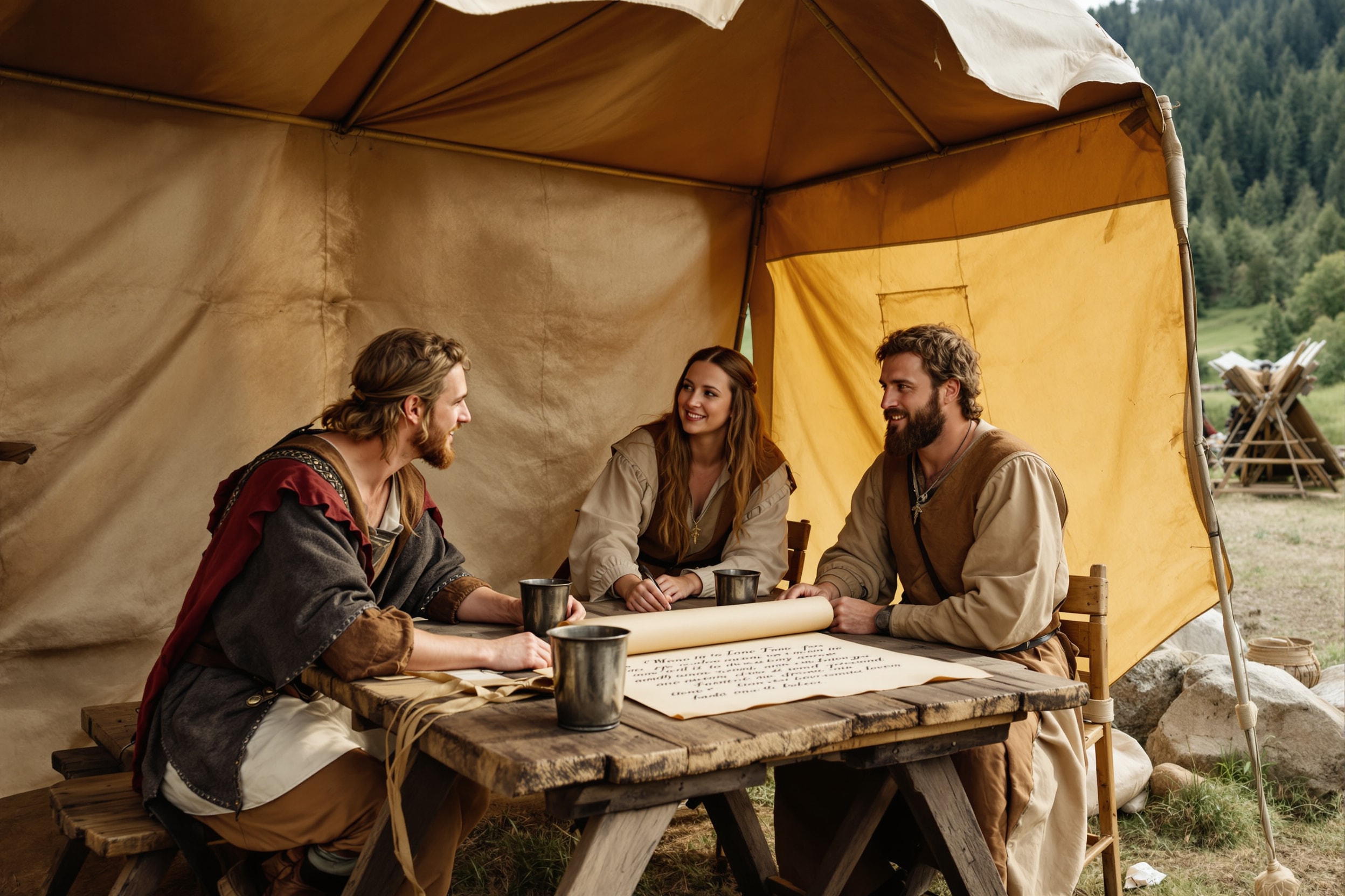 Reenactors gathered around a period pavilion at an Inland Northwest living-history gathering