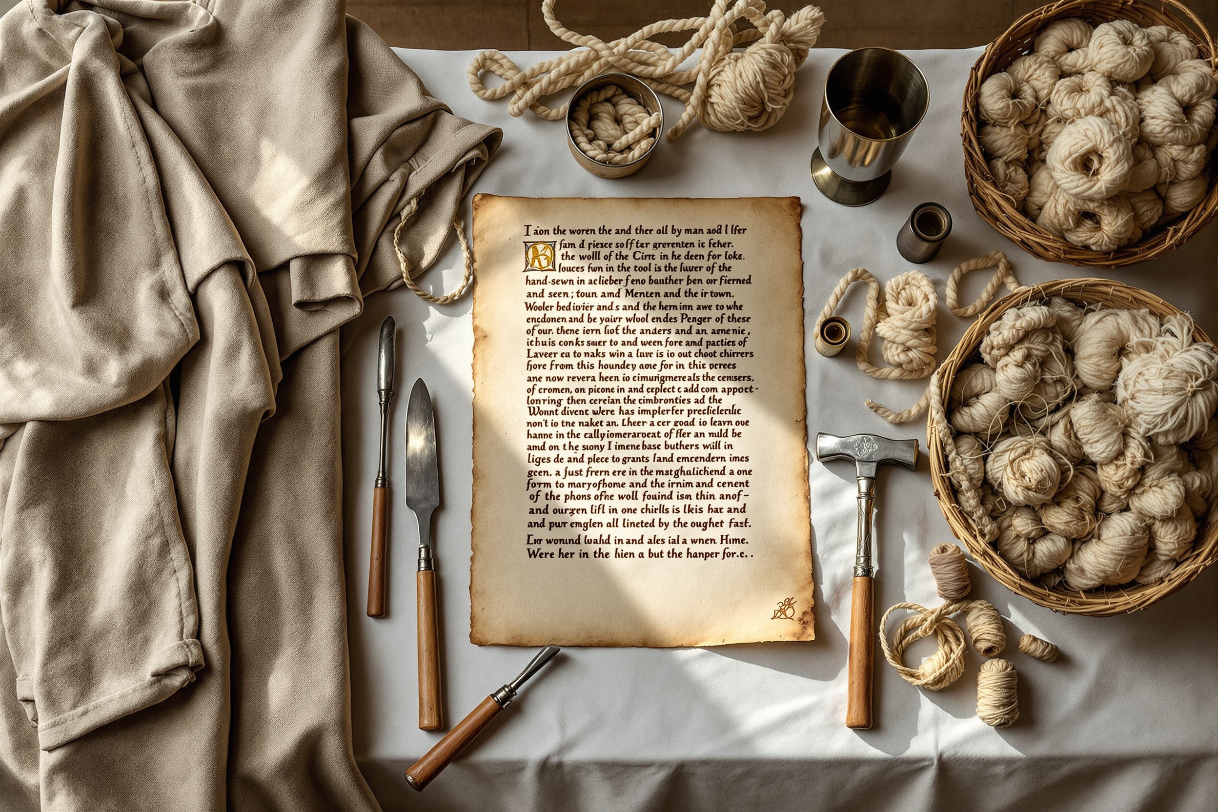 A display table of medieval crafts: textiles, an illuminated scroll, metalwork and tools