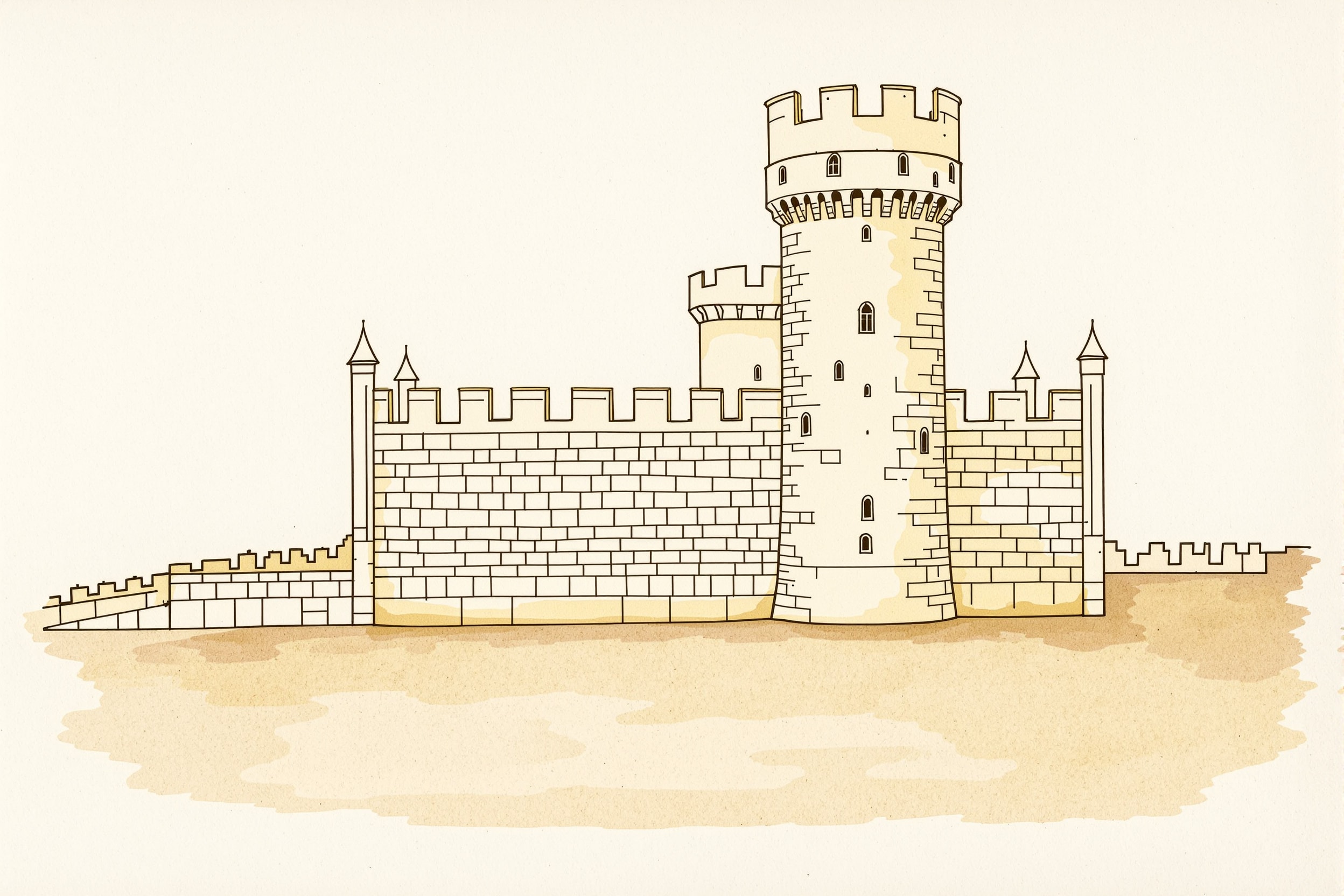 Illustrated cutaway of a castle wall showing battlements, machicolations, and moat
