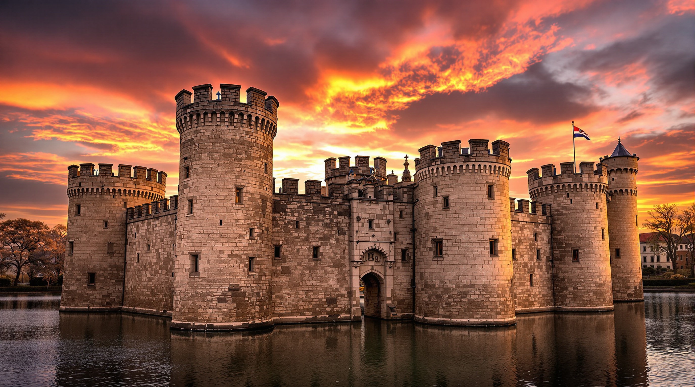 A medieval stone castle with crenelated battlements, gatehouse towers, and a moat
