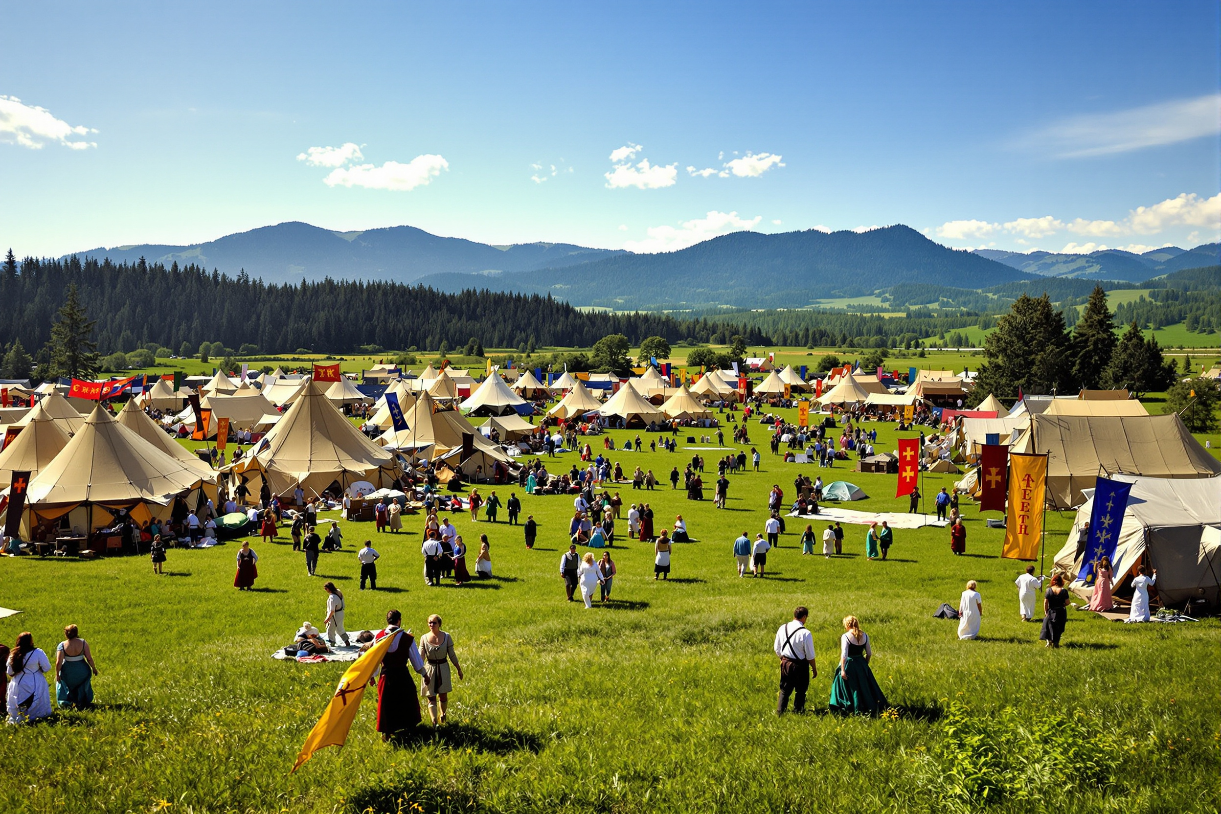 A medieval reenactment community gathered in an Inland Northwest meadow with mountains behind