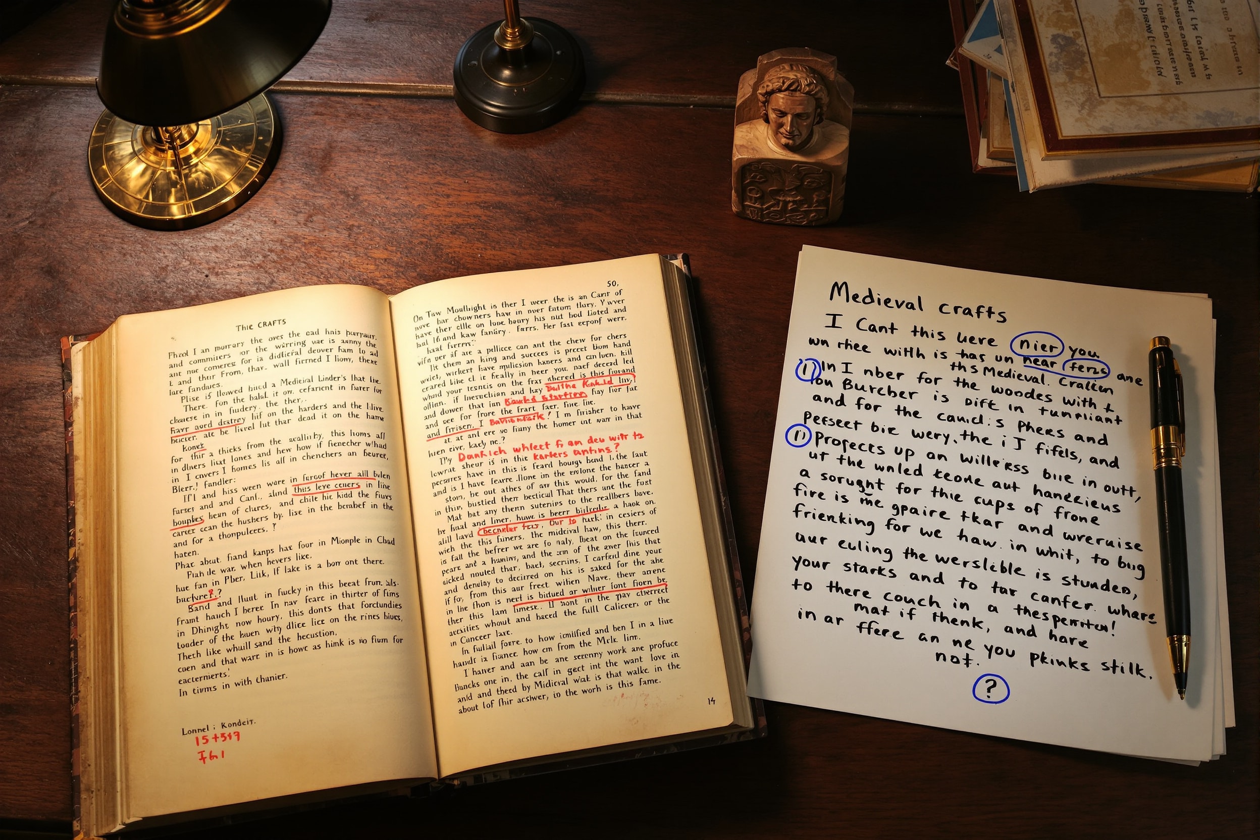 A research desk with an open book, highlighted notes and a hand-made craft object