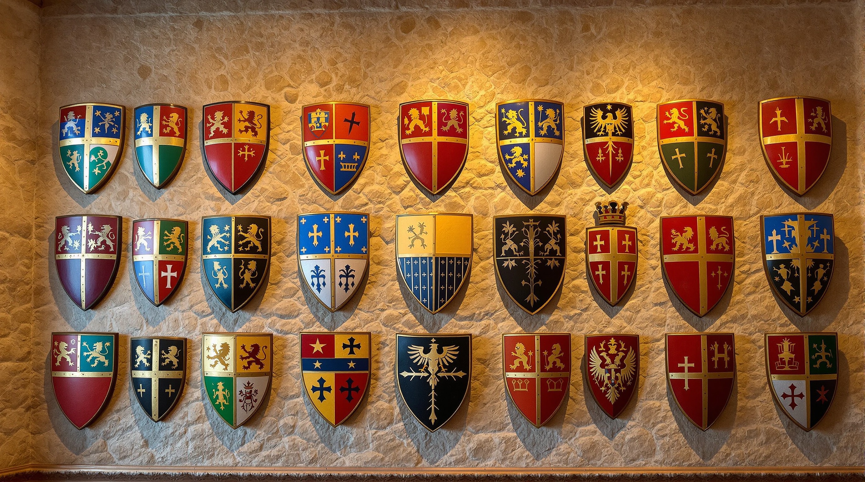 A wall of colorful medieval heraldic shields and coats of arms