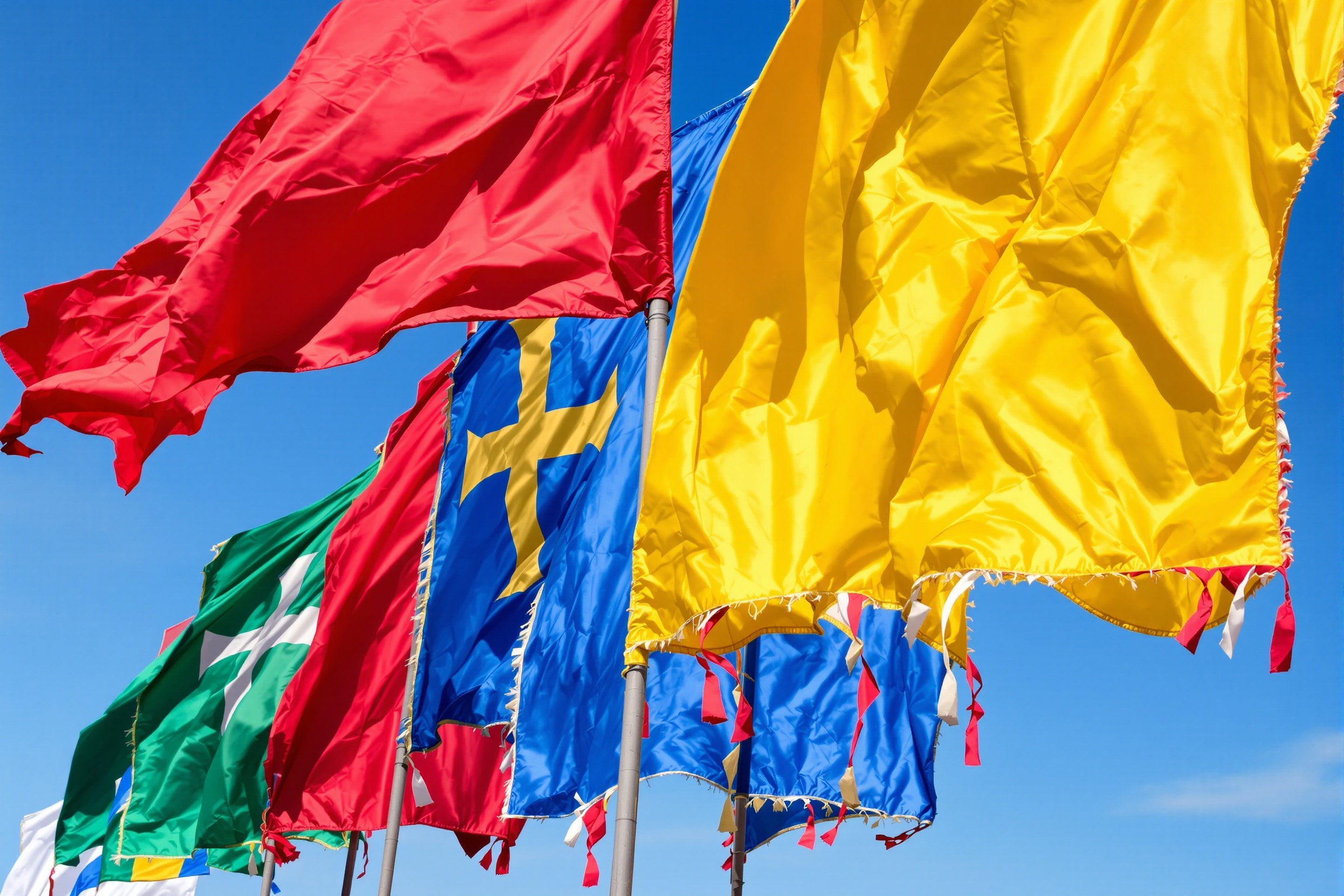 Rows of colorful heraldic banners flying at a medieval tournament