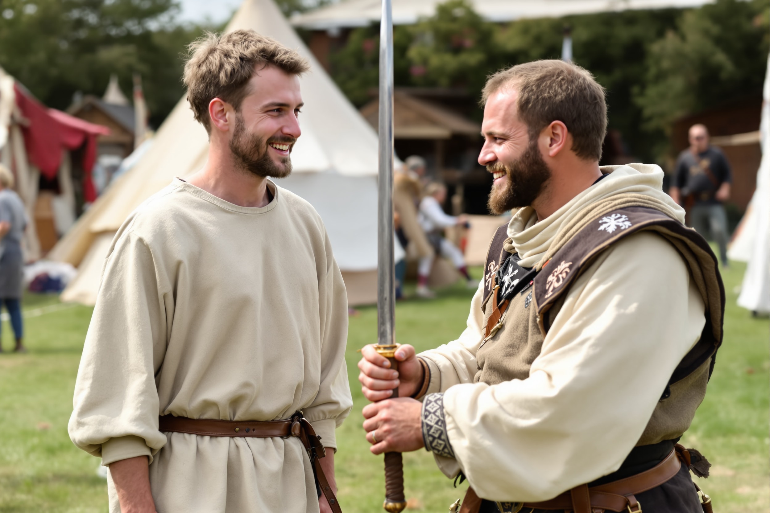 A newcomer in simple garb being welcomed at a medieval reenactment event